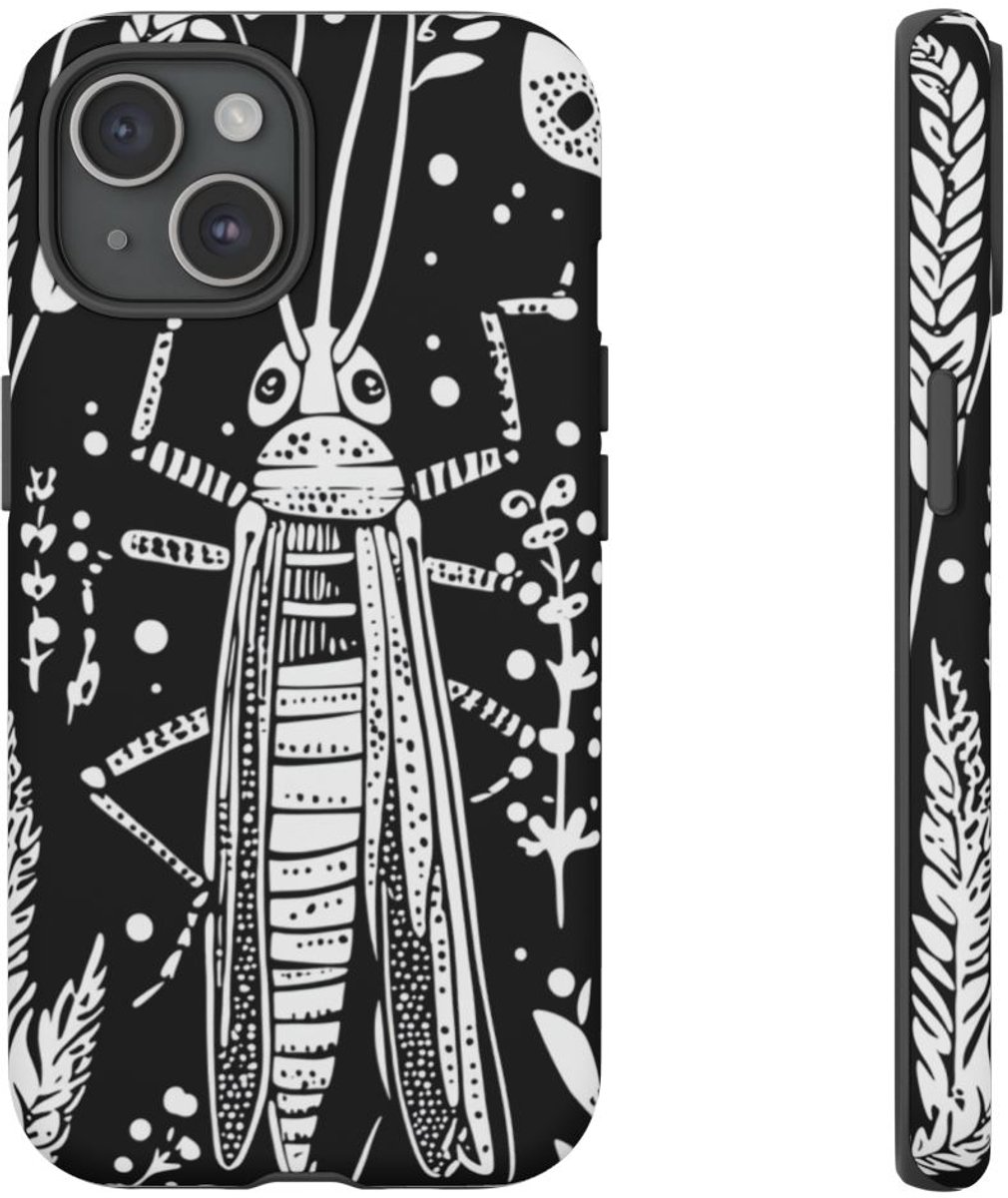 Zwart-Wit Sprinkhaan en Graanmotief – Telefoonhoesje Geschikt voor iPhone 15