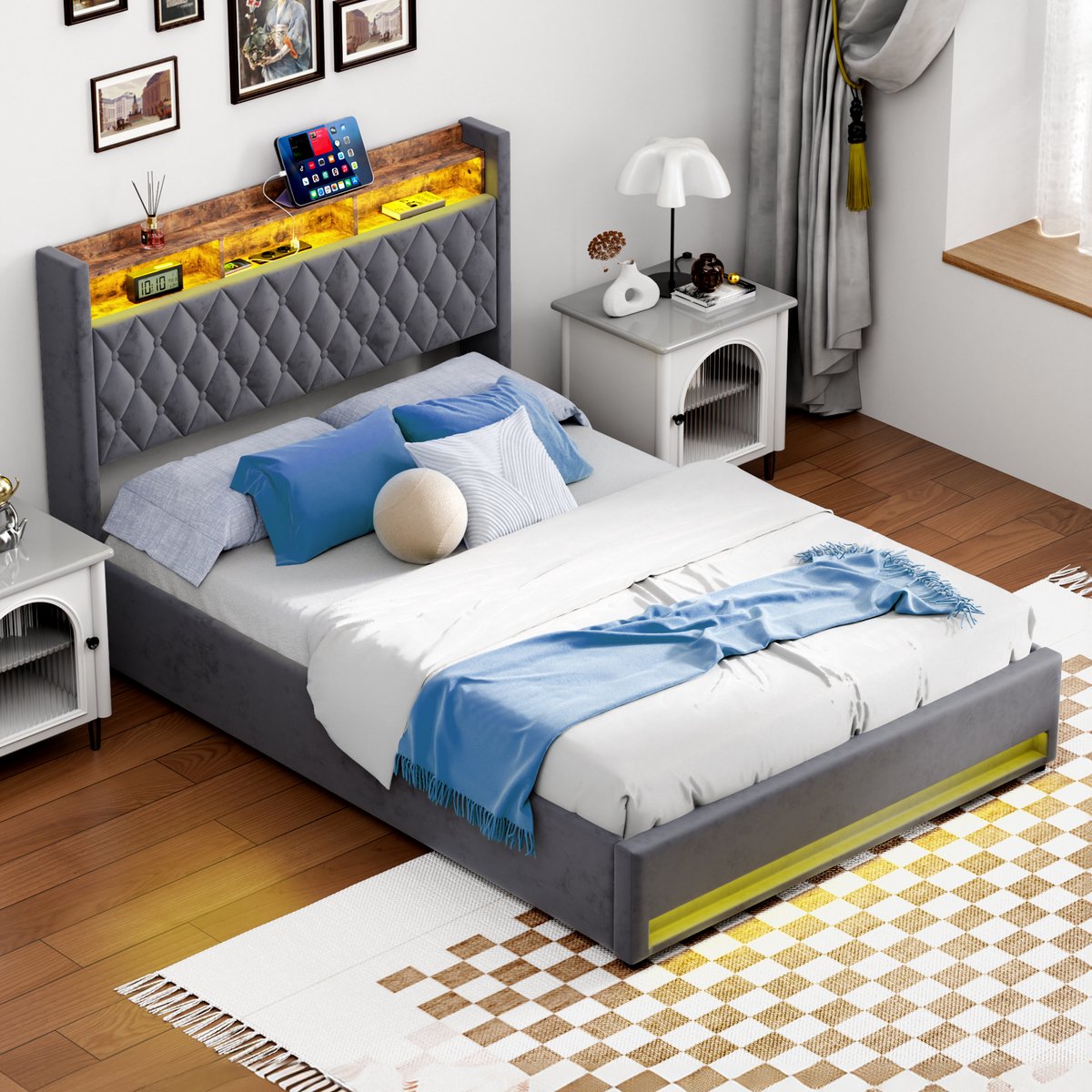 HAUSS SPOLE Fluweel Gestoffeerd bed 140×200 cm - Tweepersoonsbedden Met Opbergruimte - Voor Luxe Slaapkamers - Opbergruimte Boxspring - Voor Stellen En Volwassenen - Met USB & LED - Donkergrijs