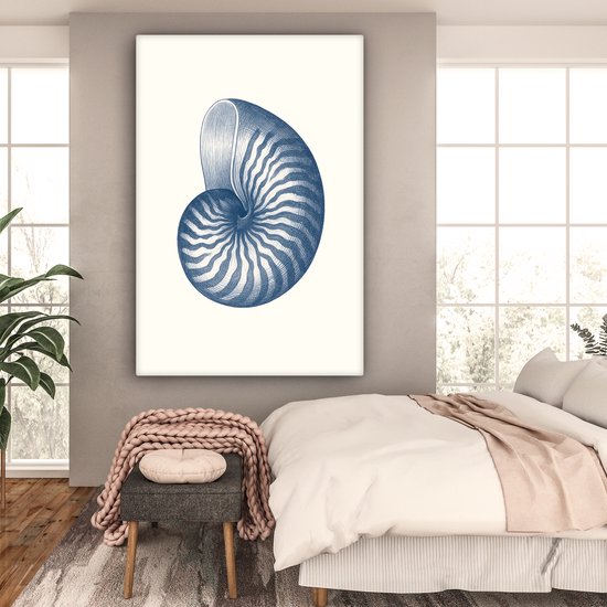Canvas schilderij 120x180 cm - Exclusieve wanddecoratie Blauw - Schelp - Spiraal - Muurdecoratie woonkamer - Slaapkamer decoratie - Kamer accessoires - Schilderijen op canvas