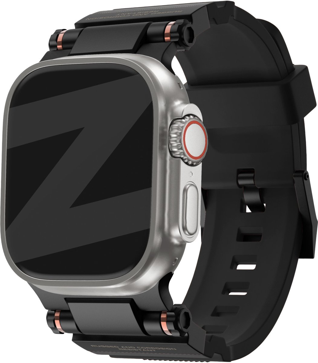Bandz Siliconen band 'Explorer' met gespsluiting - geschikt voor Series Apple Watch 1/2/3/4/5/6/8/9/10/11/SE(2-3)/Ultra(2-3) - grote maten 44mm 45mm 46mm 49mm (zwart met zwarte connectors)