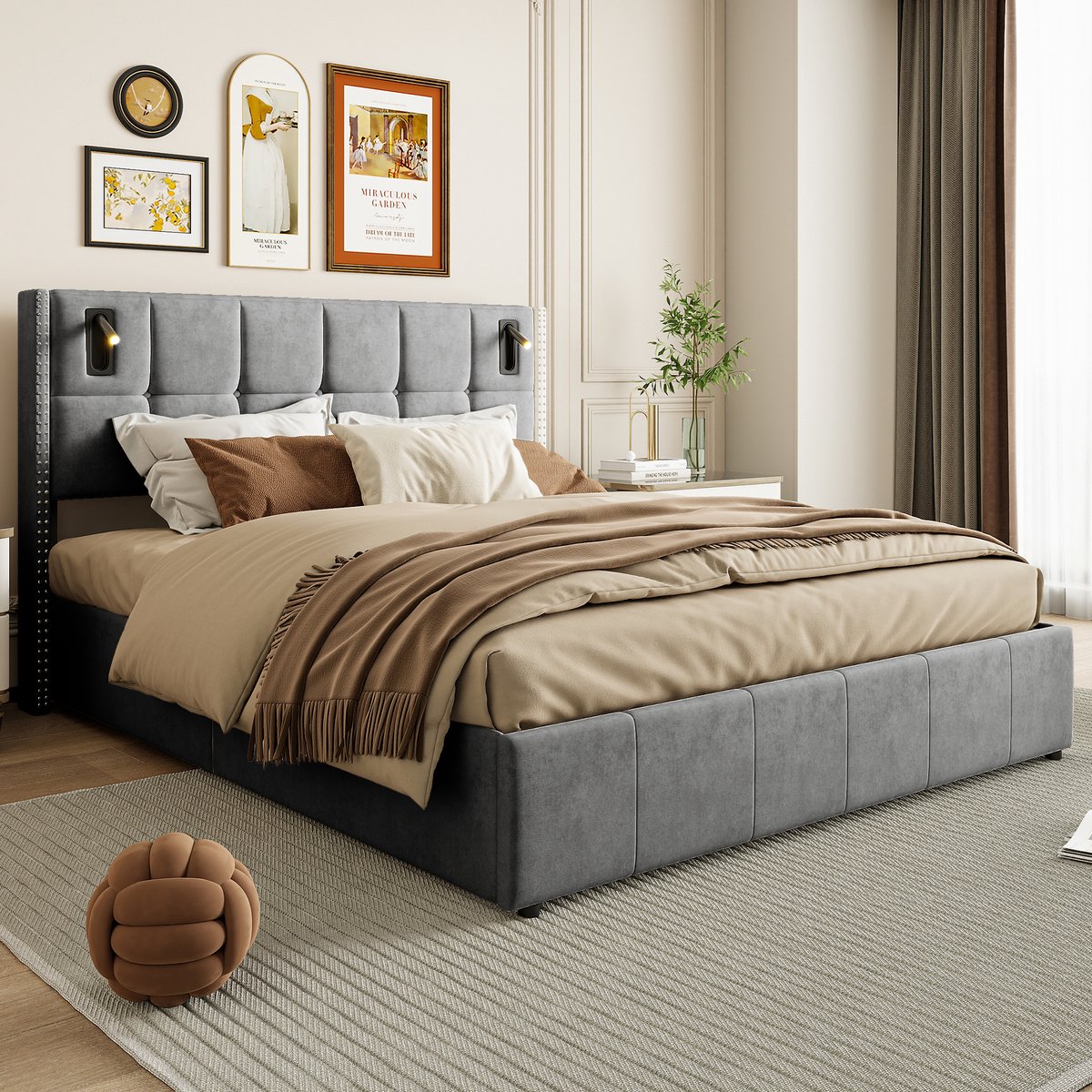 Gestoffeerd bed 140x200 cm tweepersoonsbed Jongerenbed met lattenbodem en 4 laden, Hoofdbord met leeslampje en USB, bedframe voor volwassenen en tieners, zonder matras, fluweelgrijs