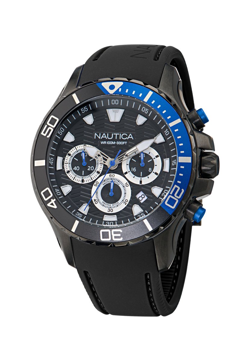 Nautica Nst Quartz Chronograaf Horloge Zwart Blauw Kast: 100% Roestvrij Staal. Armband: 100% Siliconen 44 NAPNSS506