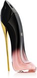 Zwarte en roze stiletto parfumfles met gouden hak.