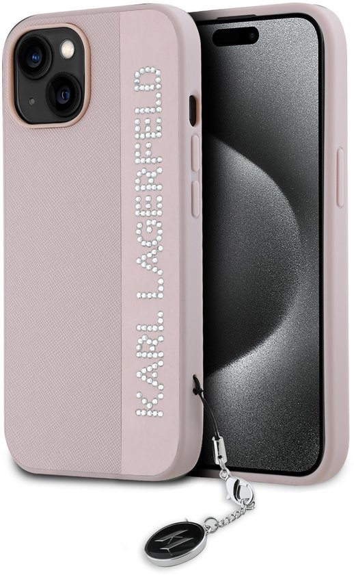 Coque arrière Karl Lagerfeld iPhone 14 Pro Max, strass et breloque Saffiano - Rose