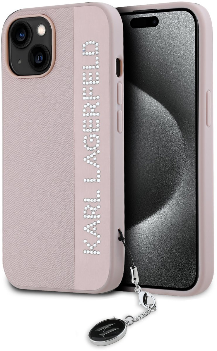 Karl Lagerfeld iPhone 14 Pro Max Backcover hoesje Saffiano rhinestones and charm - Roze