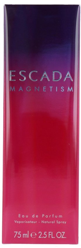 Doosje Escada Magnetism, Eau de Parfum, 75 ml, met paars naar roze gradiënt.