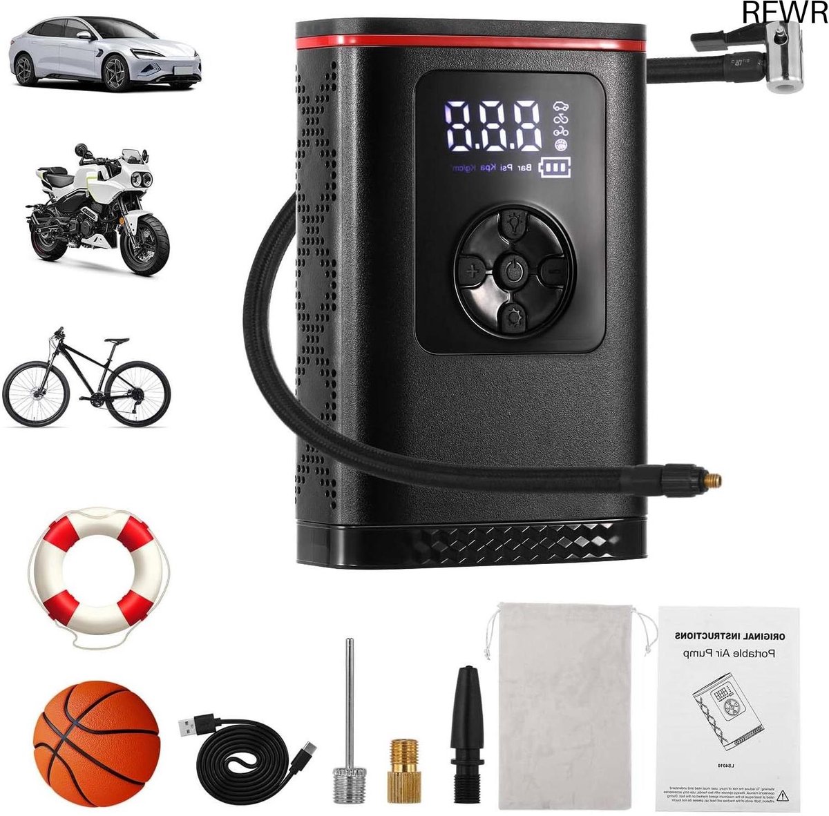 RFWR® Draagbare Elektrische Luchtpomp met 6000 mAh Accu en LCD-scherm voor Auto, Motor, Fiets en Ballen