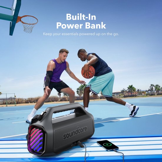 NEW soundcore Anker Boom 2 Plus Buitenluidspreker, bluetooth, 140 W, 2+2 kanalen, BassUp 2.0, 20 uur, snel opladen, IPX7-waterdicht, RGB-verlichting, USB-C, powerbank, voor kamperen, strand, tuin- Zwart van Anker — afbeelding 2