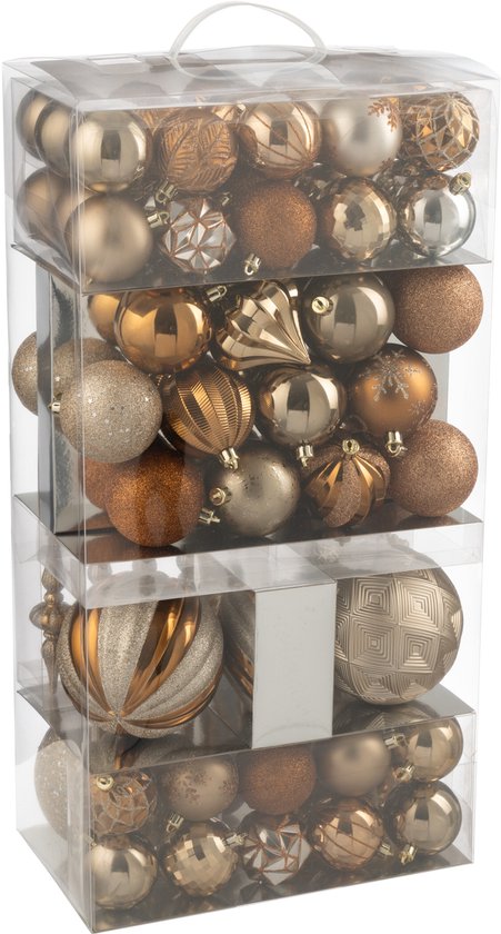 Boîte de 80 boules de Noël dans diverses nuances de brun et d'or, avec différents motifs et finitions, y compris brillants, mats et pailletés.