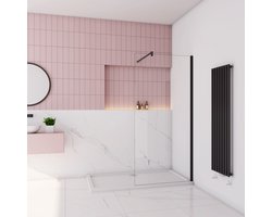 Inloopdouche-douchewand-walk in 10mm NANO EasyClean veiligheidsglas，60x200cm+F-vorm: 90 Stabilisatiestang,mat zwart aluminium profiel.