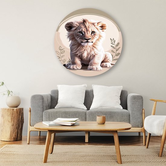 Schattige leeuwenwelp digitale kunst - Leeuw wanddecoratie rond - Ronde wandprint welp - Digital Art - Wandobject Forex rond - Kunstwerk - muurcirkel forex 90x90 cm