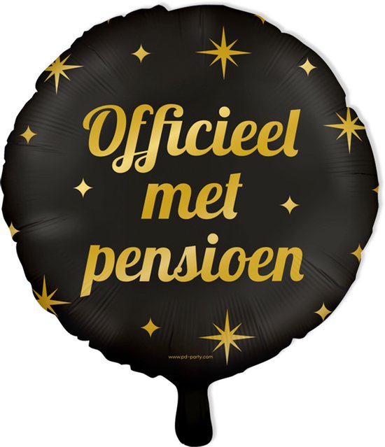 Zwarte folieballon met gouden sterren en tekst "Officieel met pensioen".