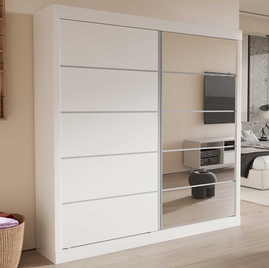 Armoire Mike | 183 x 53 x 198 cm | Avec miroir | Blanc - Rousseau - Armoires de chambre à coucher - Blanc - MDF - Armoires de chambre à coucher