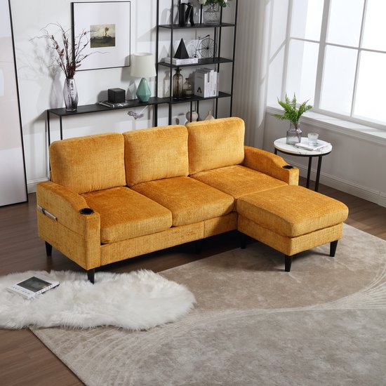 Sweiko Bank - Opbergruimte - 4-zits bank - Met hocker - Bekerhouder - Velvet - Geel