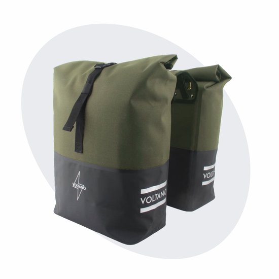 Voltano Dubbele Fietstas Rolltop Reflective Special Edition - Zwart / Olijfgroen - 50 Liter - 100% Waterdicht - Fietstassen Electrische Fietsen