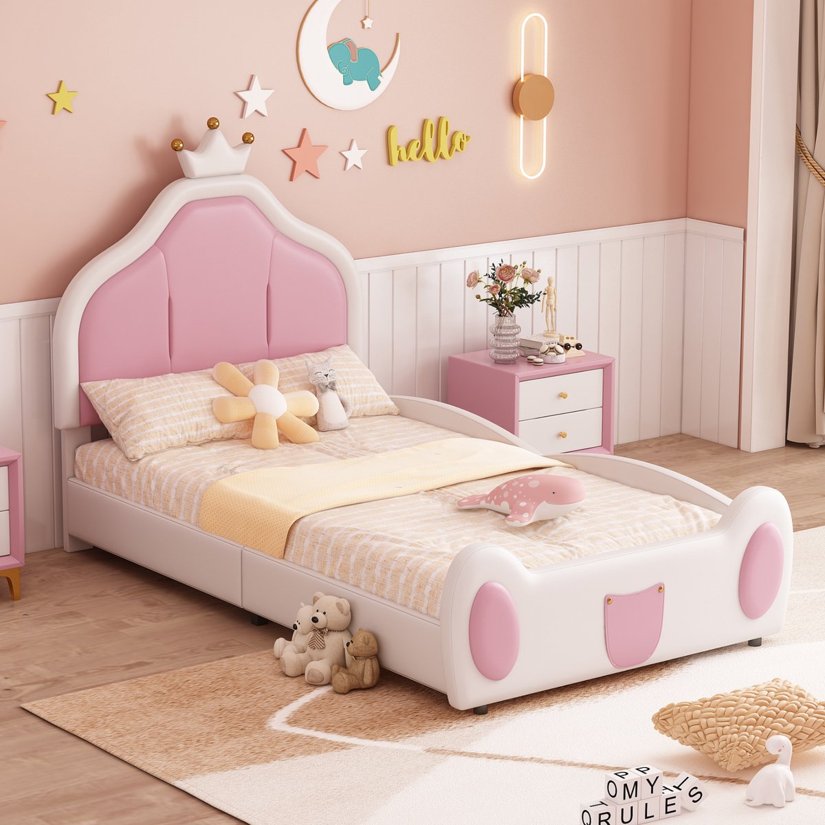 SINGULARITY Kinderbed - 90*200 cm - Prinsessenlook - Tweekleurig design - Kunstlederen stof - Wit en Roze - Zonder matras