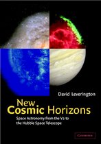 Boekcover met David Leverington, 'New Cosmic Horizons'. Vier kosmische beelden: sterrenstelsel, nevel, blauwe planeet, Jupiter.