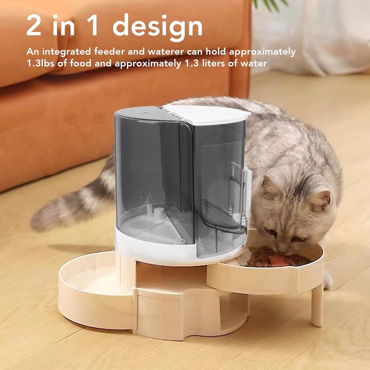 Afbeelding 3 van Automatische voerbak voor katten en honden - Grijs - Automatische voerbak en waterdispenser voor katten, dubbele laag, droog en nat, aparte, roterende opslag, waterdispenser voor kleine en middelgrote huisdieren