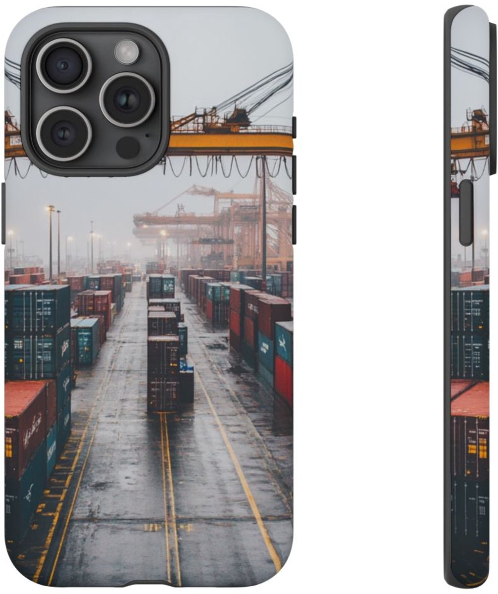 Vrachtcontainers en Hijskranen – Mat Stevig Hoesje Geschikt voor iPhone 15 Pro Max