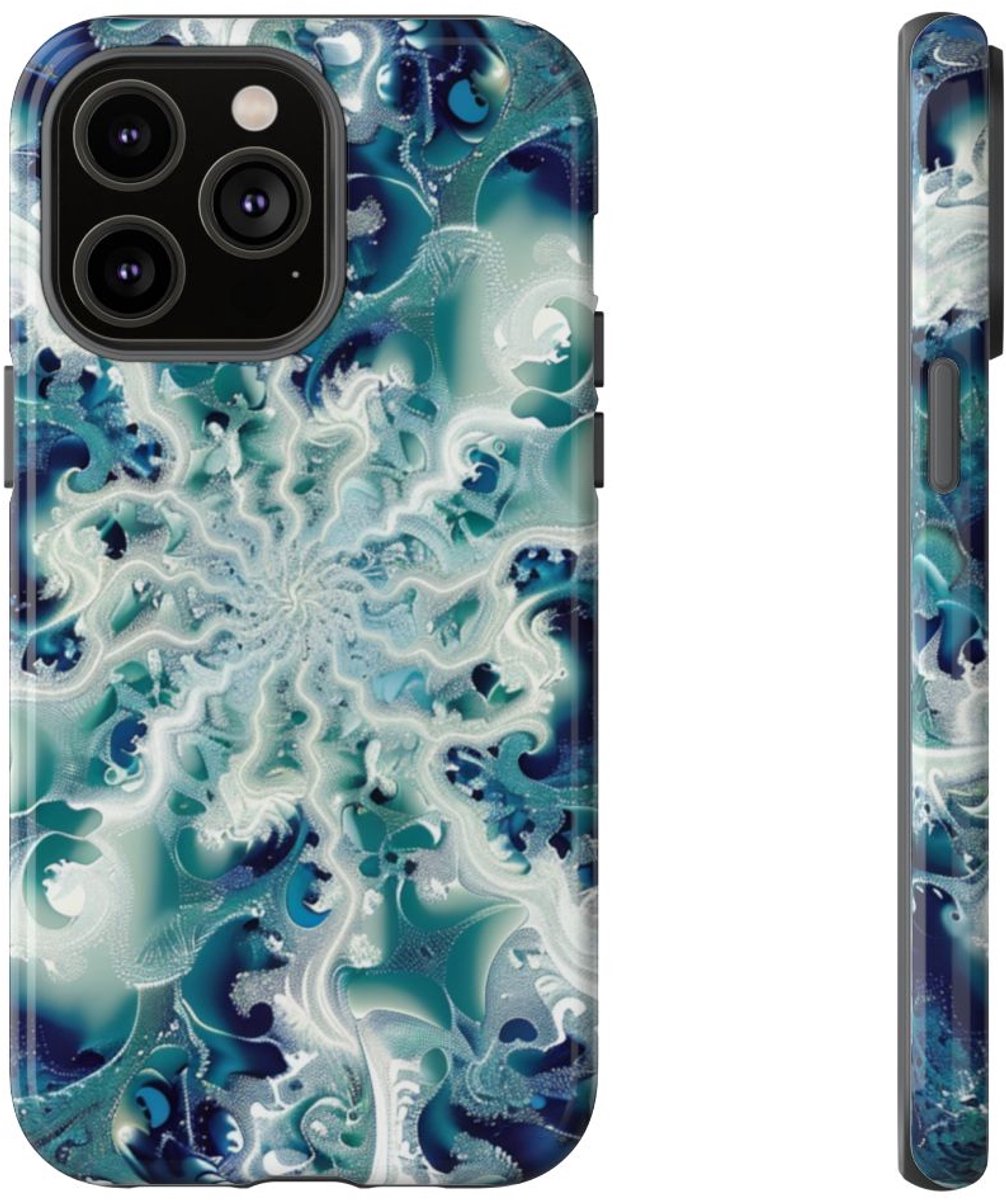 Blauw-Groene Fractalwerveling met Glans – Telefoonhoesje Geschikt voor iPhone 14 Pro Max