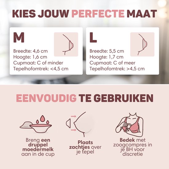 Kies je perfecte maat M of L. Eenvoudig te gebruiken: breng moedermelk aan, plaats over de tepel, bedek met zoogcompres in BH.