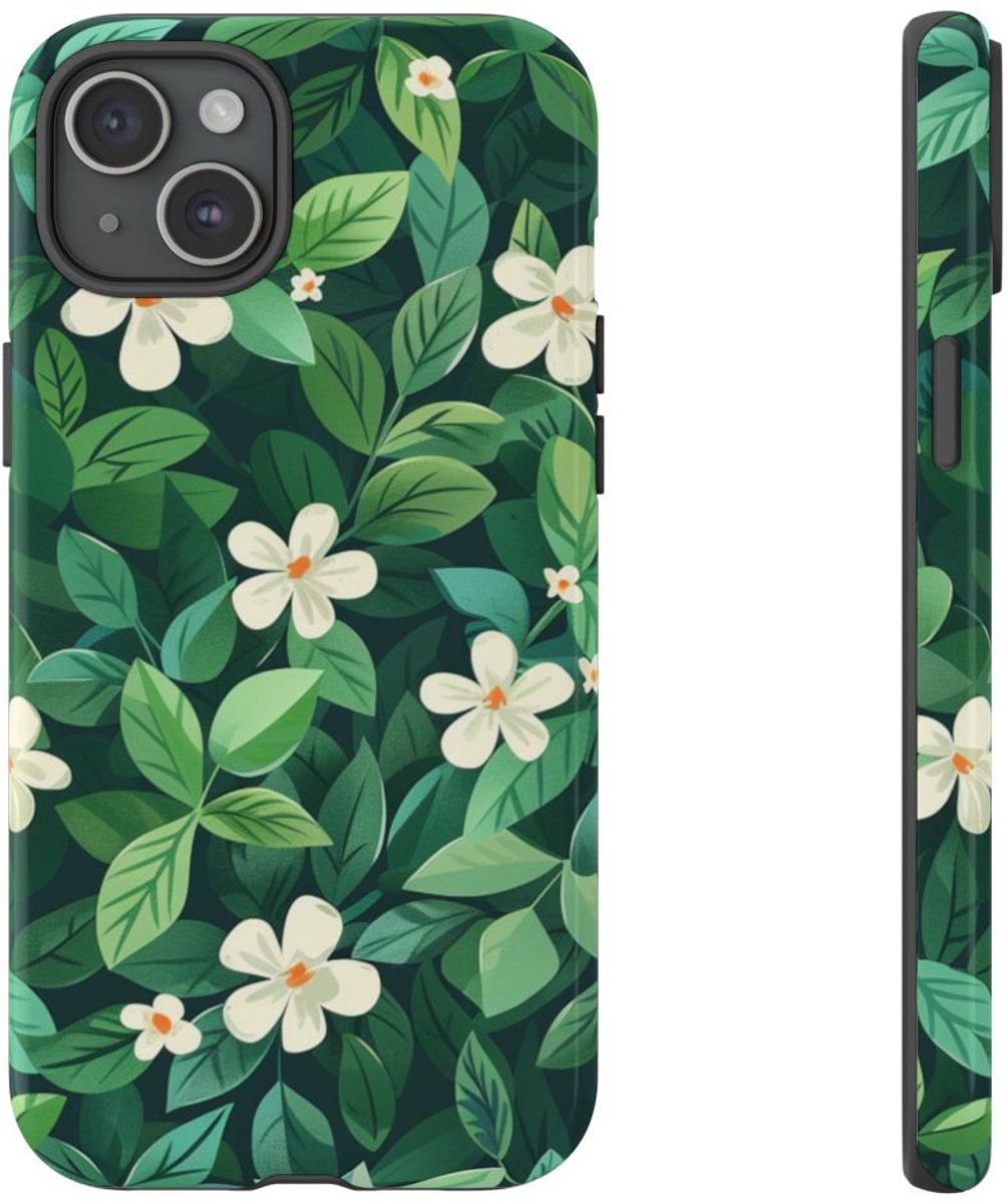 Groene Bladeren en Witte Bloemenpatroon – Telefoonhoesje Geschikt voor iPhone 15 Plus