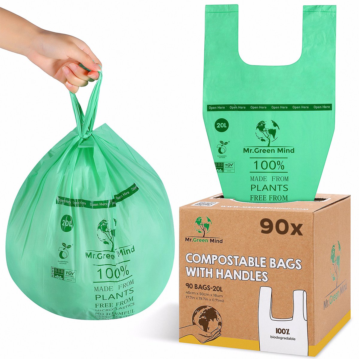 Biozakken 20 liter 90 stuks biologisch afbreekbare afvalzakken – 45x61 cm - 100% composteerbare vuilniszakken - Incl. dispenser - Handvaten - gft afvalzakken