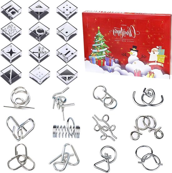GEEKEO Metalen Puzzel Adventskalender 2025, Puzzelspellen voor Kinderen en Volwassenen, Kerstkalender Cadeaus voor Jongens en Meisjes, 24 Dagen Verrassing, Kerst Countdown Kalender