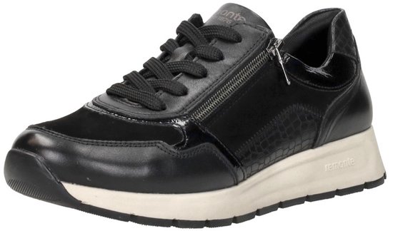 Zwarte Remonte sneaker met suède, leer en crocoprint accenten. Ritssluiting aan de zijkant en veters.