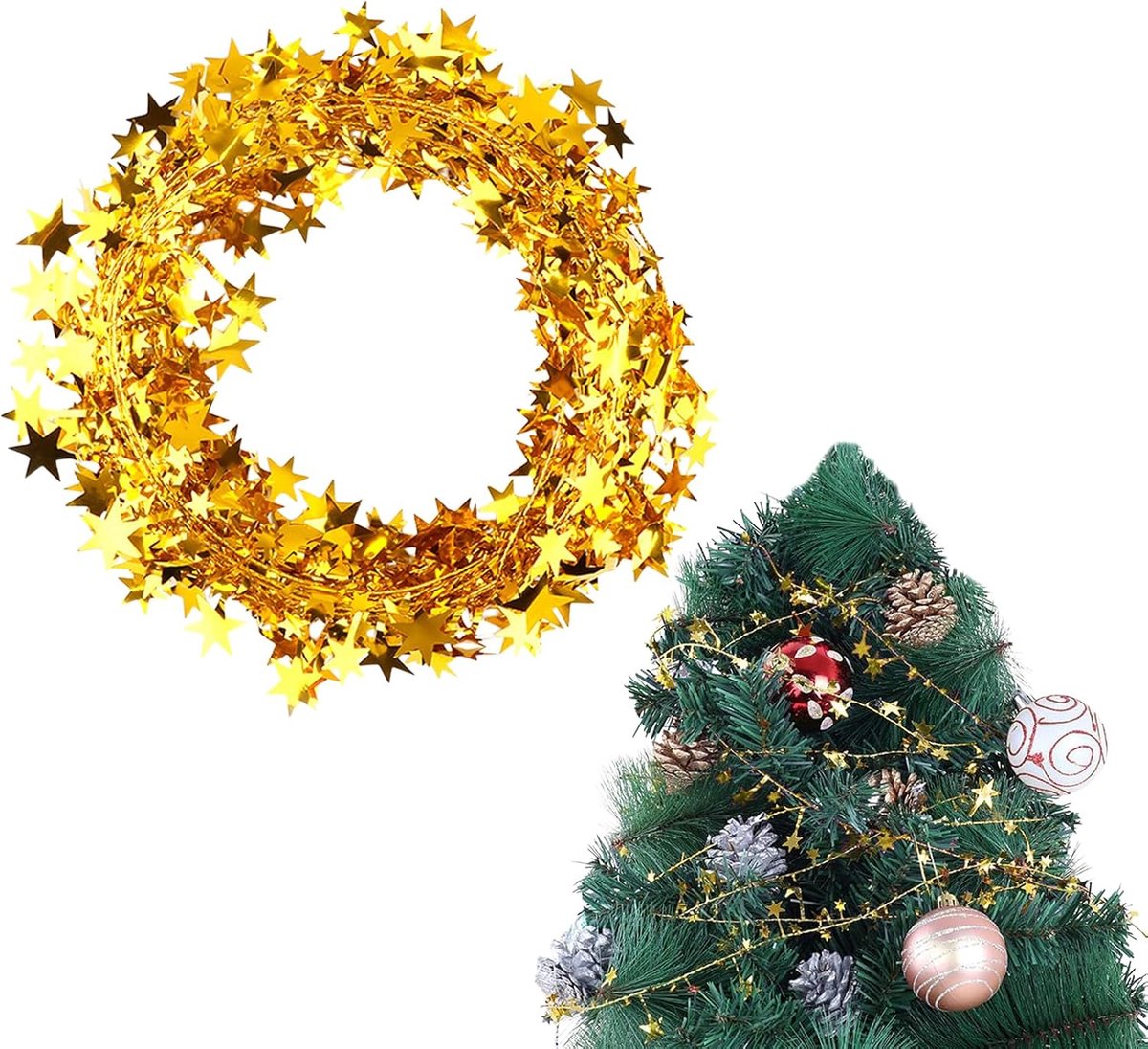 Folie-sterslinger - 7,5 meter folie - ster - lametta - glitter - sterdraad - voor feest - Kerstmis - carnaval - feestdecoratie (goud) – foto 3