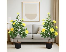 DanLink 2 stuks kunstmatige cameliabloesemboom, 90 cm kunstboom met gele bloemen, kunstplant in pot voor thuiskantoor, kamerplant, decoratieve plant, binnen- en buitendecoratie