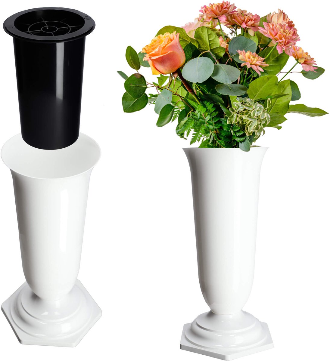KADAX Grafvaas van Kunststof, Bloemenvaas voor Begraafplaats, Weerbestendige en Vorstbestendige Steekvaas voor Graf, Grafdecoratie (15 cm, Wit)