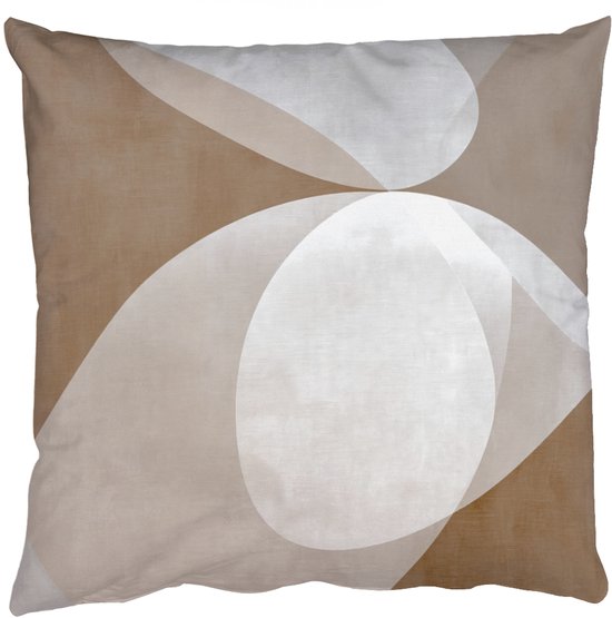 Coussin avec un motif abstrait marron et blanc de formes ovales avec des transitions douces.