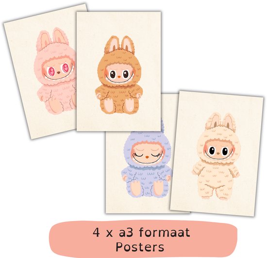 Labubu Kinderkamer Posters – Set van 4 – A3 Formaat – 250g Glanzend Karton – Kinderkamer Decoratie – Uniek Design - Wall art
