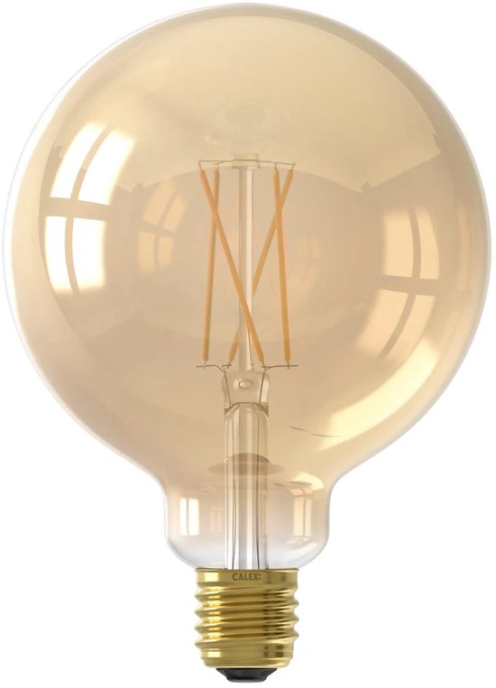 Gouden Calex G25 globe LED lamp met zichtbare filamenten en E27 fitting.