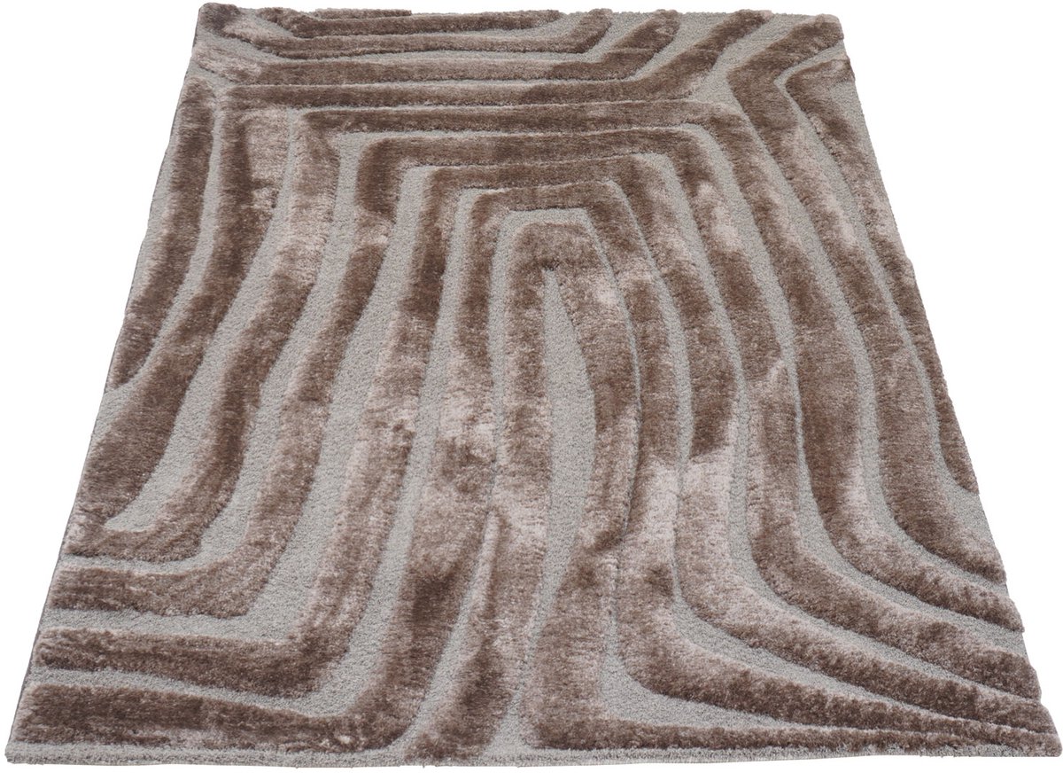 Vloerkleed Lima Bruin 160 x 230 cm - Design Hoog-Laag Vloerkleed met Grafisch Labyrint Patroon in Scandinavische / Japandi Stijl