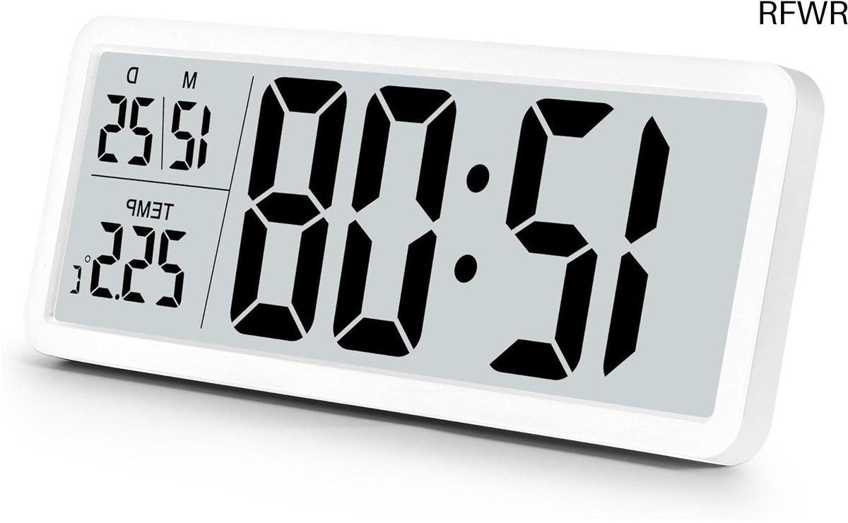 RFWR® Digitale wandklok met grote cijfers en temperatuurweergave - 12/24 uur