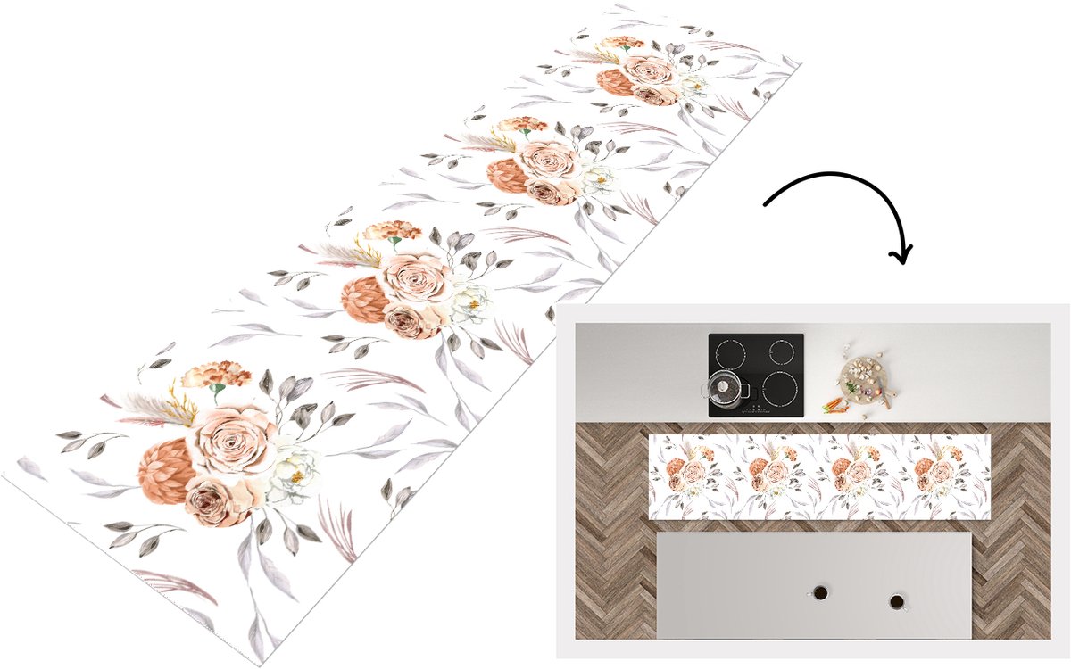 KitchenYeah Keukenloper 200x50 cm - Keukenmat vinyl Patronen - Bloemen - Roos - Wit - Keukenmatten loper - Keuken vloerkleed tapijt Rozen