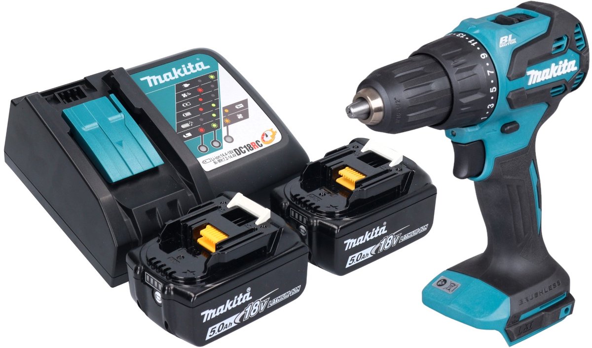 Makita DHP 490 RT accu klopboormachine 18 V 65 Nm borstelloos + 2x accu 5.0 Ah + lader