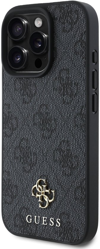 Coque de téléphone noire Guess avec motif logo 4G et logo Guess doré pour iPhone 16 Pro.