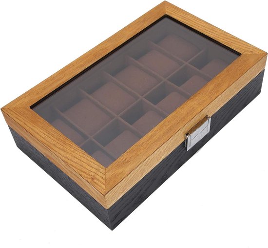 Horlogedoos van massief hout, 12 vakken, 2-kleurendisplay, opslag, verzameling, klassieke organizer, 31,5 x 19,8 x 8 cm, voor mannen en vrouwen, Defult., default, Klassiek