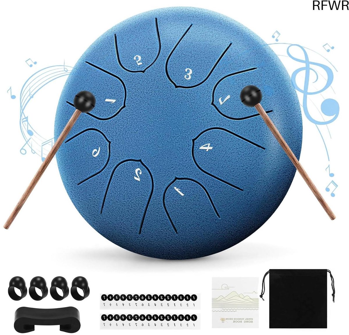 RFWR® Stalen tongtrommel 15 cm met 8 noten voor meditatie en yoga