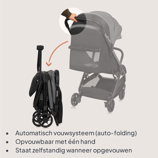Illustratie die het automatische vouwsysteem van de grijze en zwarte Lionelo kinderwagen demonstreert.