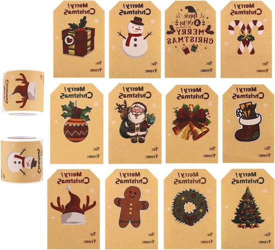 500 Stukken Kerststickers Etiketten, Kalolary Zwart Gouden Ronde Kersttags Zelfklevende Merry Christmas-stickers Envelopzegels Stickers met 8 Kerstpatronen voor Kaart Geschenkdozen Decoratie