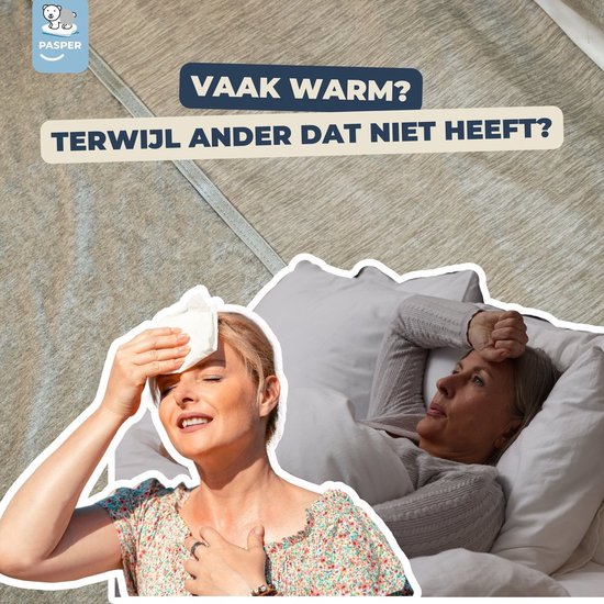 Vrouw met koelelement op hoofd, andere vrouw in bed voelt zich warm. "VAAK WARM? TERWIJL ANDER DAT NIET HEEFT?"