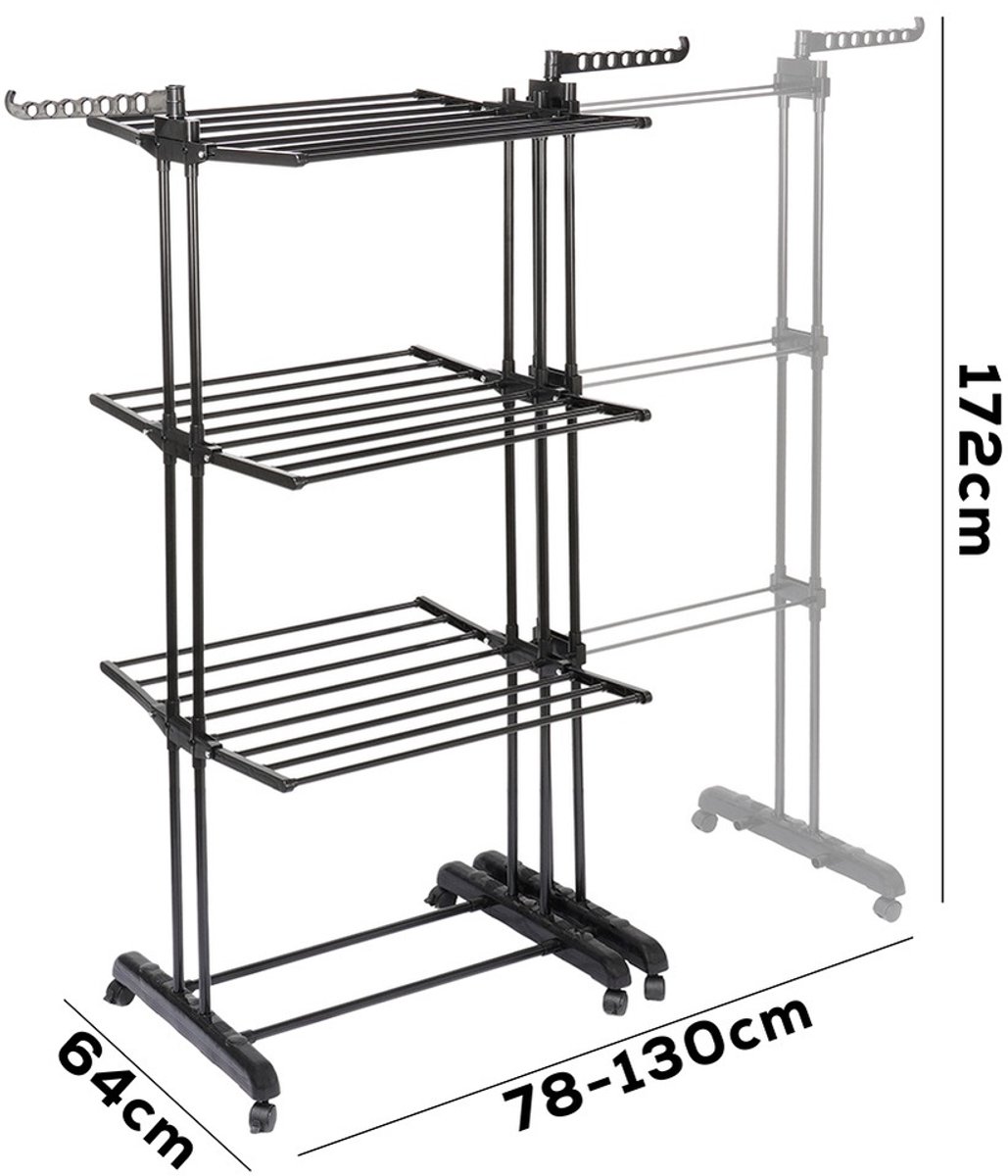 Vilde Droogrek, staand droogrek, wasdroger van metaal, uittrekbaar, zwart, XXL, 108-182 cm