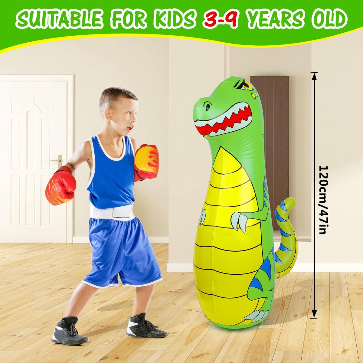 Ibenzoa® Opblaasbare Dinosaurus Bokszak voor Kinderen met Handschoenen, 120cm Hoog, Ideaal voor Actief Spel