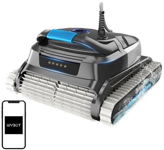 Zwarte robotstofzuiger met grijze rupsbanden en blauwe accenten, naast een smartphone met 'WYBOT' logo.