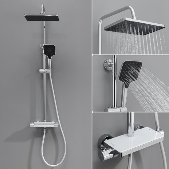 Lonheo max Douche à effet pluie avec Robinet thermostatique - Ensemble système de douche Chrome - Pommeau de douche avec flexible de 150 cm - Douchette 3 fonctions - Pommeau de douche à effet pluie - Chrome