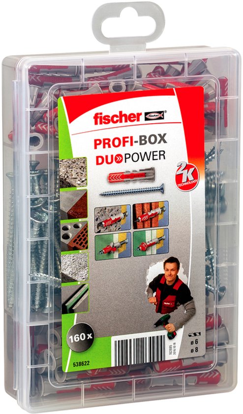 Fischer Profi-Box DuoPower assortimentsdoos met pluggen en schroeven, met afbeelding van een man met boor.